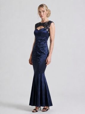 R&M Richards Navy Lace-Accent Mermaid Gown